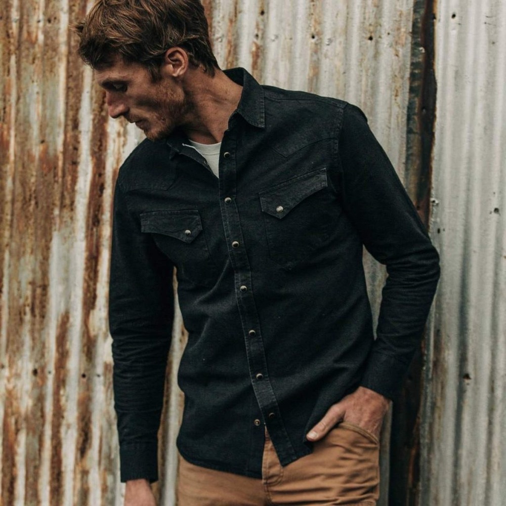 Taylor Stitch Western shirt in washed black selvage chambray size 38